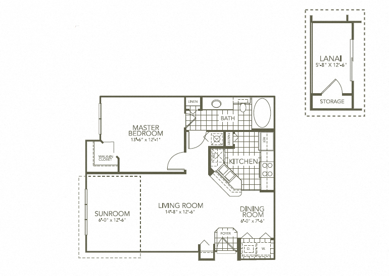 Floor plan for 1 bed, 1 bath, 786 sqft